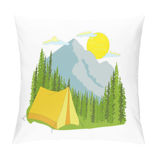 Personality Yellow Tent With Forest And Blue Mountains In The Background, Sun, Clouds. Simple Flat Design Illustration Isolated On Whte Background. Wildlife, Camping In Nature.  Pillow Covers