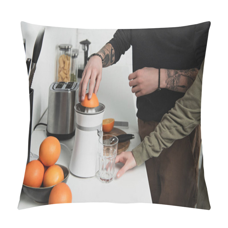 Personality  Partial View Of Couple Preparing Orange Juice During Breakfast In Kitchen Pillow Covers