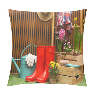 Personality  Composition With Different Gardening Tools On Artificial Grass At Wooden Wall Pillow Covers