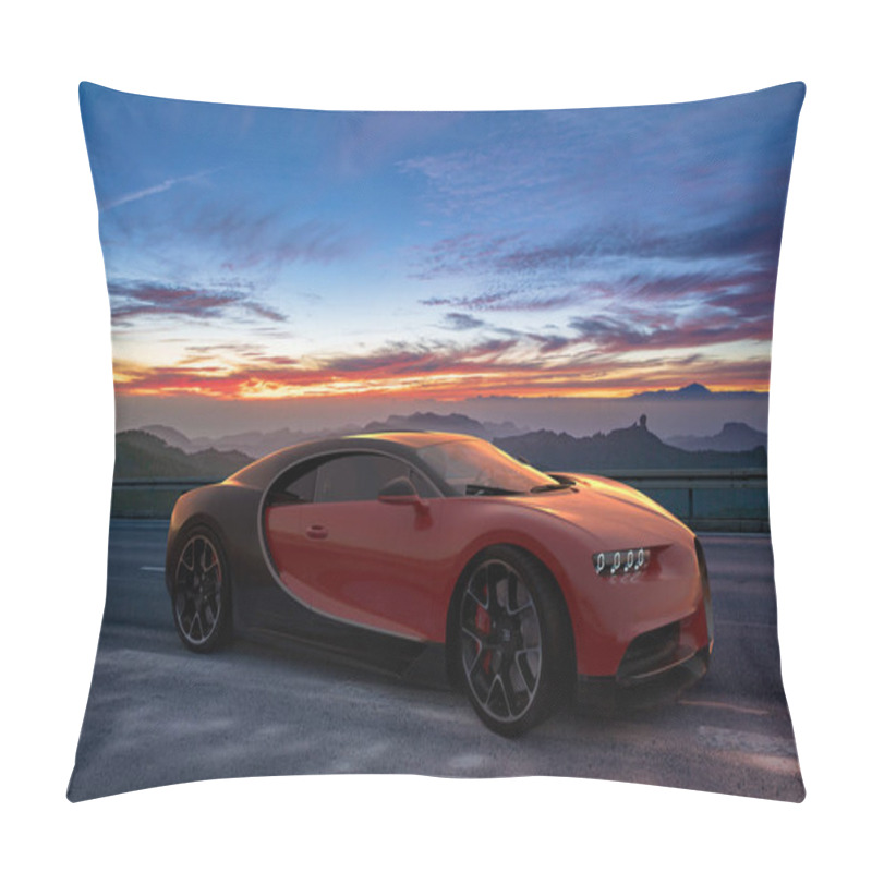 Personality  Bugatti Chiron On A Beautiful Scenic Road In The Mountains At Sunset Pillow Covers