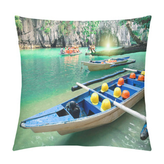 Personality  Longtail Boats At Cave Entrance Of Puerto Princesa Subterranean Underground River - Nature Trip In Palawan Exclusive Philippines Destination - People With Light Equipment During Adventurous Excursion Pillow Covers