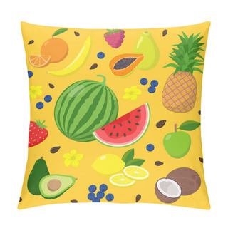 Personality  Summer Fruits And Berries Set Of Vector Illustrations Isolated On Yellow Background In Flat Design. Summertime Concept Illustration With Watermelon, Avocado, Papaya, Coconut, Banana, Pineapple, Lemon. Pillow Covers