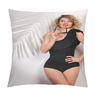 Personality  Beautiful Woman Wear Elegant Black Swinsuit On White Wall With Shadow Of Palm Leaves Pillow Covers