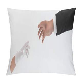 Personality  Cropped View Of Groom And Bride Reaching Each Other Hands Isolated On Grey, Banner Pillow Covers