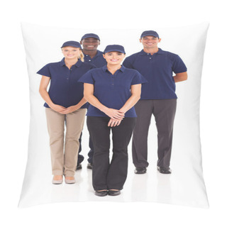 Personality  Group Of Delivery Service Staff Full Length Portrait On White Pillow Covers