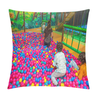 Personality  Child And Adult Woman Having Fun In Indoor Ball Pool In Children Activity Center. Sweden.  Pillow Covers