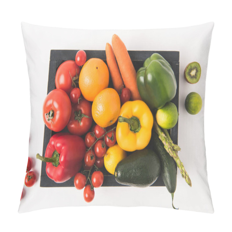 Personality  Farmers market concept with vegetables and fruits in dark wooden box isolated on white background pillow covers