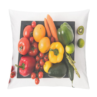 Personality  Farmers Market Concept With Vegetables And Fruits In Dark Wooden Box Isolated On White Background Pillow Covers