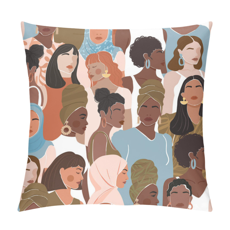 Personality  Seamless Pattern With Women Different Nationalities And Cultures. Girl Power, Struggle For Equality, Feminism, Sisterhood Concept. Texture For Textile, Packaging, Wrapping Paper, Social Media Post Etc. Vector Illustration. Pillow Covers