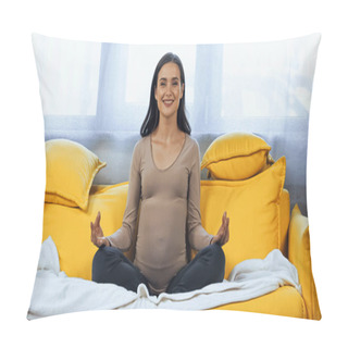 Personality  Cheerful Pregnant Woman Sitting In Lotus Pose On Couch  Pillow Covers