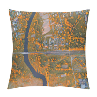 Personality  Aerial View Autumn Landscape Of Winding Small River Among The Town, Stream In Orange Colors Nature Field, Top View. Pillow Covers