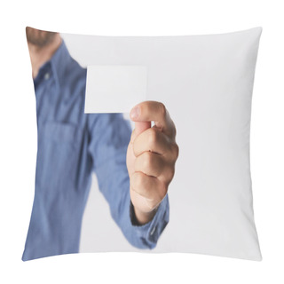 Personality  Cropped Image Of Businessman Showing Empty Visit Card Isolated On White Background  Pillow Covers