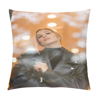 Personality  Low Angle View Of Stylish Woman In Black Leather Jacket Looking At Camera Through Glass Window In New York  Pillow Covers