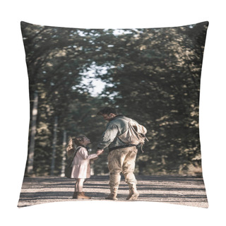 Personality  Man Holding Hands With Kid While Standing On Road, Post Apocalyptic Concept Pillow Covers