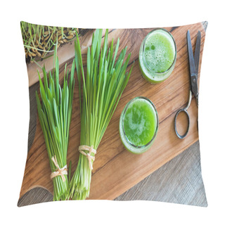 Personality  Two Glasses Of Barley Grass Juice With Freshly Harvested Barley  Pillow Covers
