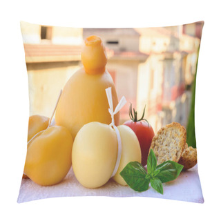 Personality  Cheese Collection, Italian Cheeses Provolone, Caciocavallo, Scamorza Made From Sheep Or Cow Milk In South Italy, White And Yellow Smoked, Served Outdoor In Italian Village Pillow Covers