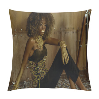 Personality  Portrait Of Sexy African American Female Model With Glossy Golden Makeup Posing To The Camera On The Textured Studio Background Pillow Covers