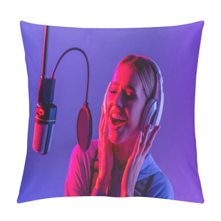 Personality  Young Singer In Wireless Headphones Recording Song While Singing In Microphone On Purple  Pillow Covers