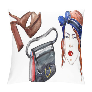 Personality  Girl, Shoe And Bag Sketch Fashion Glamour Illustration In A Watercolor Style Isolated Element. Clothes Accessories Set Trendy Vogue Outfit. Watercolour Background Illustration Set. Pillow Covers