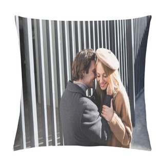 Personality  Young Man Embracing Cheerful Woman In Beret Near Fence Outdoors Pillow Covers