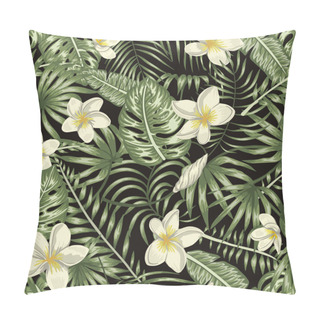Personality  Vector Seamless Pattern Of Green Tropical Leaves With White Plum Pillow Covers