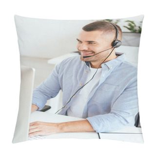 Personality  Happy Operator In Brokers Agency Typing On Computer Keyboard While Looking At Computer Monitor  Pillow Covers