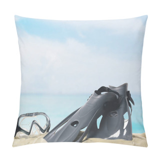 Personality  Mask And Flippers In Sand On Blue Sky Background Pillow Covers