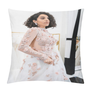 Personality  Captivating Middle Eastern Woman With Wavy Hair Standing In Floral Wedding Dress And Looking Away Inside Of Luxurious Salon Around White Tulle Fabrics, Bridal Shopping, Bride-to-be Pillow Covers