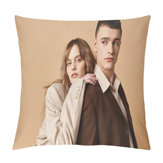 Personality  Good Looking Man In Debonair Suit Posing Next To His Beautiful Girlfriend Who Looking At Camera Pillow Covers
