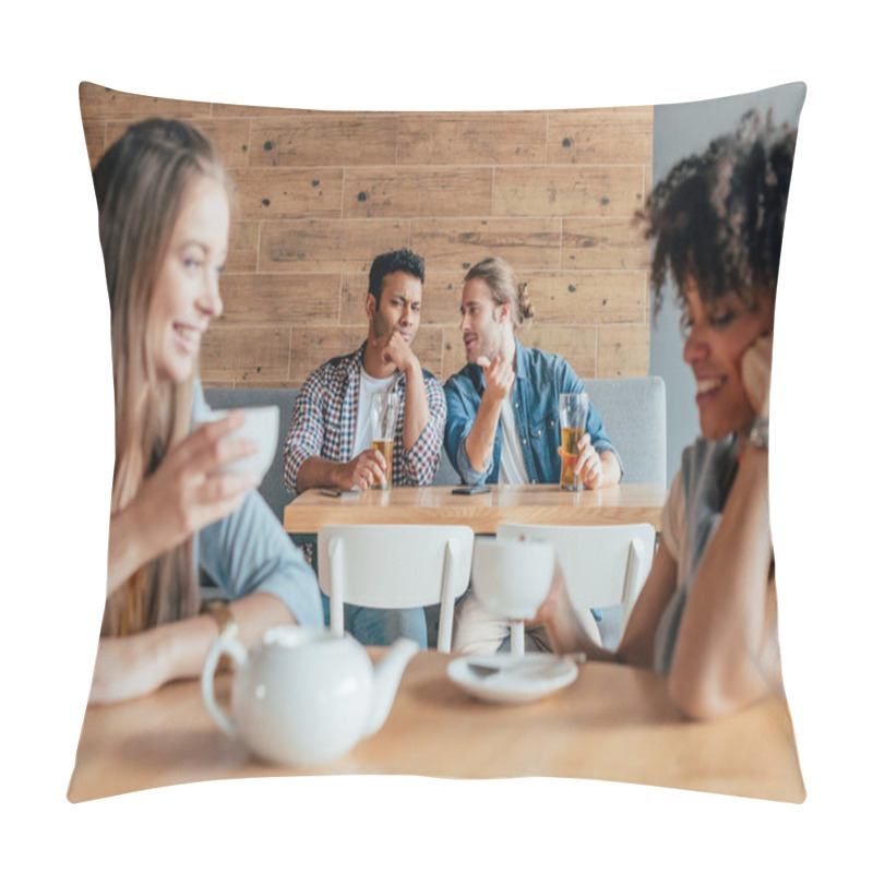 Personality  Multiethnic People Sitting In Cafe Pillow Covers