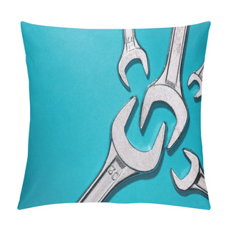 Personality  Elevated View Of Different Sized Wrenches Isolated On Blue Pillow Covers