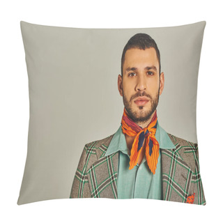 Personality  Portrait Of Serious Man In Plaid Blazer And Colorful Neckerchief On Grey, Retro-inspired Fashion Pillow Covers