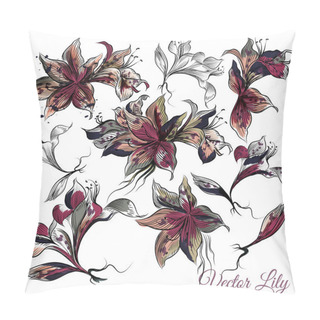 Personality  Vector Collection Of Hand Drawn Lily Flowers In Engraved Style Pillow Covers
