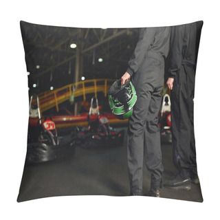 Personality  Cropped View Of Two Men In Sportswear Standing On Circuit And Holding Helmets Near Go Kart Cars Pillow Covers
