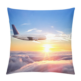 Personality  Huge Two-storey Passengers Commercial Airplane Flying Above Clouds In Sunset Light. Concept Of Fast Travel, Holidays And Business. Pillow Covers