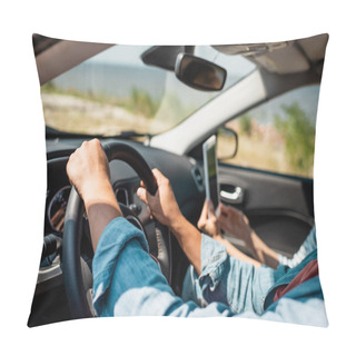 Personality  Selective Focus Of Man Driving Car Near Wife With Digital Tablet  Pillow Covers