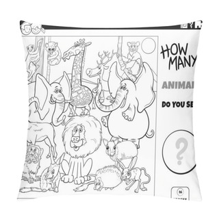 Personality  Black And White Illustration Of Educational Counting Game For Children With Cartoon Wild Animal Characters Group Coloring Book Page Pillow Covers