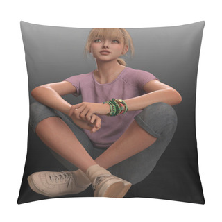 Personality  Happy Blonde Teen, Pre-Teen Or Tween Girl With Blonde Hair In Bangs And Ponytail Braid Pillow Covers
