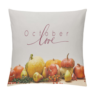 Personality  Autumnal Decoration With Pumpkins, Firethorn Berries And Ripe Yummy Pears On Tabletop With OCTOBER LOVE Lettering Pillow Covers