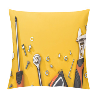 Personality  Top View Of Tool Set With Nuts And Bolts On Yellow Background Pillow Covers