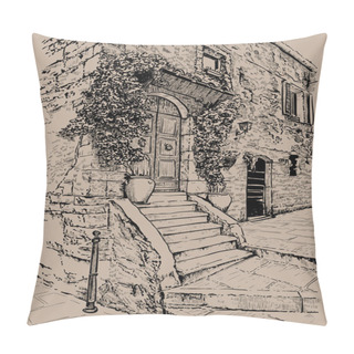 Personality  Italy, Tuscany. Old Stone House. Digital Sketch Hand Drawing Illustration. Pillow Covers