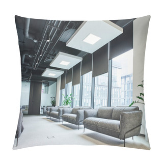 Personality  Spacious Waiting Lounge With Grey And Comfortable Couches, Green Natural Plants And Large Windows In Modern Coworking Office, Workspace Organization Concept Pillow Covers