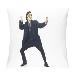 Personality  Criminal In Mask, Hat And Black Coat Posing Isolated On White Pillow Covers