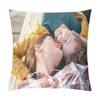 Personality  Happy Gay Couple Lying On A Bench Looking Each Other - Young Lesbian Women Having A Tender Romantic Moment Outdoor - Lgbt, Homosexuality Love And Lifestyle Relationship Concept Pillow Covers