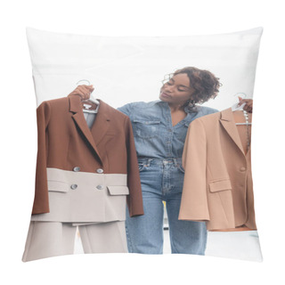 Personality  Curly African American Woman Holding Hangers With Jackets In Boutique Pillow Covers