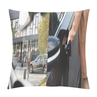 Personality  Collage Of Woman Walking With Suitcase Along Auto Parking And Opening Car Door On Blurred Foreground, Banner Pillow Covers