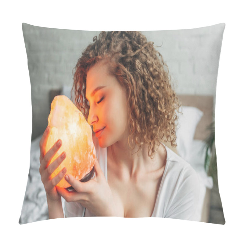 Personality  Attractive Dreamy Girl With Closed Eyes Holding Himalayan Salt Lamp In Bedroom Pillow Covers