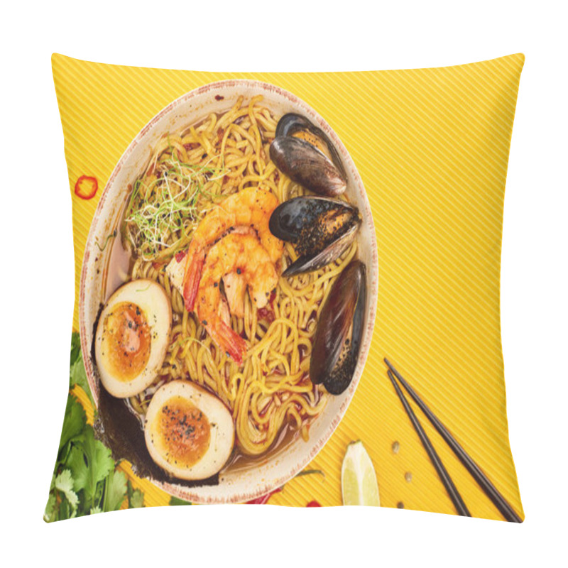 Personality  Top View Of Seafood Ramen Near Fresh Ingredients And Chopsticks On Yellow Surface Pillow Covers