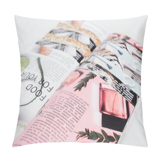 Personality  Close Up View Of Beauty Magazines Isolated On Grey Pillow Covers