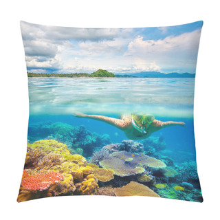 Personality  Woman Snorkeling In Clear Tropical Waters In Front Of Exotic Isl Pillow Covers